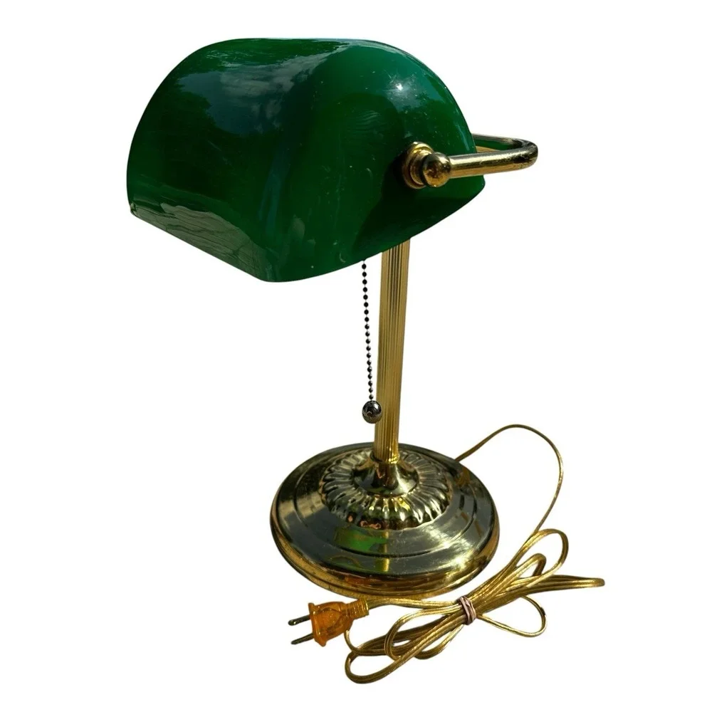 Vintage Brass Bankers Lamp Desk Emerald Green Glass Shade Emeralite 1970s/1980s